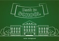 Flat line white school building with trees, ribbon and lettering Back to school on green blackboard background.
