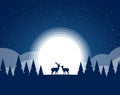 Vector illustration: Flat night landscape with Silhouette of two Deer, pine forest, full moon and stars. Royalty Free Stock Photo