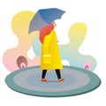 Vector illustration in flat simple style - autumn concept - girl walking in the rain in orange coat with umbrella Royalty Free Stock Photo