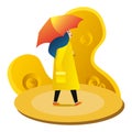 Vector illustration in flat simple style - autumn concept - girl walking in the rain in yellow coat with umbrella Royalty Free Stock Photo