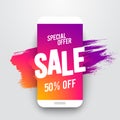 Vector illustration flat smartphone sales banner, special online offer or discount flyer, sale up to 50% off. With cool ink brush