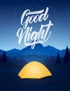 Vector illustration: Flat starry mountains landscape with camp tent and type lettering of Good Night. Royalty Free Stock Photo