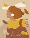 Illustration in flat style. autumn card with a red-haired girl, autumn leaves and the inscription hello autumn Royalty Free Stock Photo