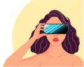 Vector illustration in a flat style. Beautiful dark-haired lady wearing virtual reality glasses.