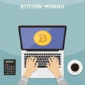 Vector illustration in flat style. Bitcoin and cryptocurrency concept. Hands with laptop and mining digital money app on the scree Royalty Free Stock Photo