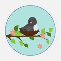 Vector illustration in flat style. Branch nest and bird