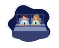 Couple laying in bed with phones at night. Concept illustration for sleep disturbs, healthy lifestyle, relationship