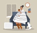 Illustration In A Flat Style - A Girl In A Chair Wrapped In A Blanket Next To Her Heater. Winter Outside
