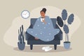 Illustration in a flat style - a girl in a chair wrapped in a blanket winter outside