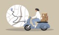 illustration in flat style. girl courier carries boxes on a scooter and a map with a route
