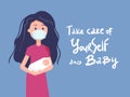 Vector illustration in flat style. girl, woman in a medical mask with baby . take care of yourself and baby, Maternity