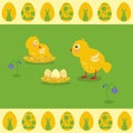 Vector illustration in flat style. Glade`s nest and yellow chicks