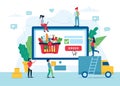 Grocery delivery concept. Order food online. Small people characters, computer with cart and order. Vector illustration