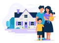 Happy family with house. Concept illustration for mortgage, buying house, real estate. Vector illustration in flat style