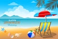 Vector illustration flat style happy summer holiday background of sea shore. Good sunny day. Deck chair and beach umbrella on the Royalty Free Stock Photo