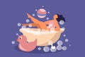 Vector illustration in flat style. happy young woman takes a bubble bath.