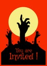 Vector illustration, Flat Style, Horror halloween backgroud, silhouette of zombie hands come out of the ground or the cemetery on Royalty Free Stock Photo