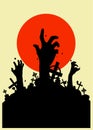 Vector illustration, Flat Style, Horror halloween background, silhouette of zombie hands come out of the ground or the cemetery on Royalty Free Stock Photo