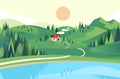 Vector illustration in flat style of house in the hill with lake and forest near. beautiful landscape illustration Royalty Free Stock Photo