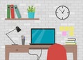 Vector illustration in flat style interior of working place with computer, lamp, to do list, working programs on monitor Royalty Free Stock Photo