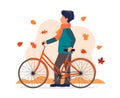 Man with a bike in autumn. Vector illustration in flat style