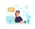 Man sitting at a desk with computer responding to a call. Vector illustration in flat style