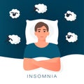 Man trying to fall asleep counting sheep. Insomnia cause of mental problems, insomniac ideas. Vector illustration in flat style Royalty Free Stock Photo