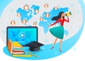 Vector illustration in flat style - online education, training courses, specialization or webinar - woman with megaphone
