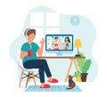 Online meeting via group call. Man talking to friends in video conference. Vector illustration in flat style Royalty Free Stock Photo
