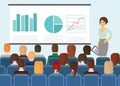 Vector illustration in flat style of people sitting and watching presentation on screen.