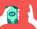 Vector illustration in flat style and red color for stop corruption concept. Hand giving bribe in cash. Royalty Free Stock Photo