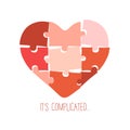 Vector illustration in flat style with red puzzles heart and lettering It\'s complicated isolated on white background. Royalty Free Stock Photo