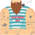 Vector illustration in flat style for Sailor`s Day. A bearded sailor in a striped shirt on his arms with tattoos.