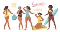 Illustration in flat style - set of elements. various women on the beach - surfers, sunbathing, swimming