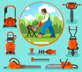 Vector illustration in a flat style, set of equipment for a garden and park.