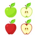 Set of vector illustration of red and green apples and their pieces with stem and leaf Royalty Free Stock Photo