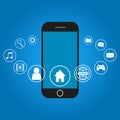 Vector illustration of flat style smartphome with icons. Isoolated. Royalty Free Stock Photo