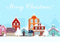 Vector illustration in flat style. Snowy night in cozy town city panorama with colorful houses in snow. cityscape in Royalty Free Stock Photo