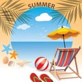 Vector illustration flat style summer background of sea shore. Good sunny day. Deck chair and beach umbrella on the sand coast Royalty Free Stock Photo