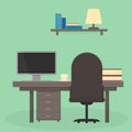 Vector illustration in flat style of table with computer, books and cup, bookshelf with lamp, and desk chair. Workplace of the