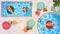 Vector illustration in a flat style on the theme of summer holidays and vacations Top view four girls in swimsuits relax in two Royalty Free Stock Photo