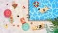 Vector illustration in a flat style on the theme of summer holidays and vacations Top view People swimming in the pool and Royalty Free Stock Photo