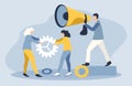 Illustration in a flat style on the theme of teamwork. women hold gears, man speaks into a megaphone Royalty Free Stock Photo