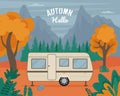 Travel Trailer in autumn. Road trip concept. Vector illustration in flat style Royalty Free Stock Photo