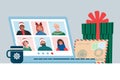 Video conference with people group at Christmas or New Year holiday. Laptop screen. Vector illustration in flat style