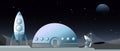 Vector illustration of flat style web banner on the theme of astronomy, space exploration, colonization of space. Moon