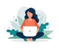 Woman with laptop sitting in nature and leaves. Concept illustration for working, freelancing, studying, education, work Royalty Free Stock Photo