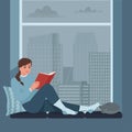 Woman reading book, sitting in windowsill. Hobby, relax, resting, at home concept. Rainy weather, autumn season. Vector