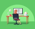 Vector illustration in flat style. Woman sitting at the computer. Outsource project manager working remotely.