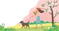Woman walking dog in spring with flowers. Cute vector illustration in flat style.